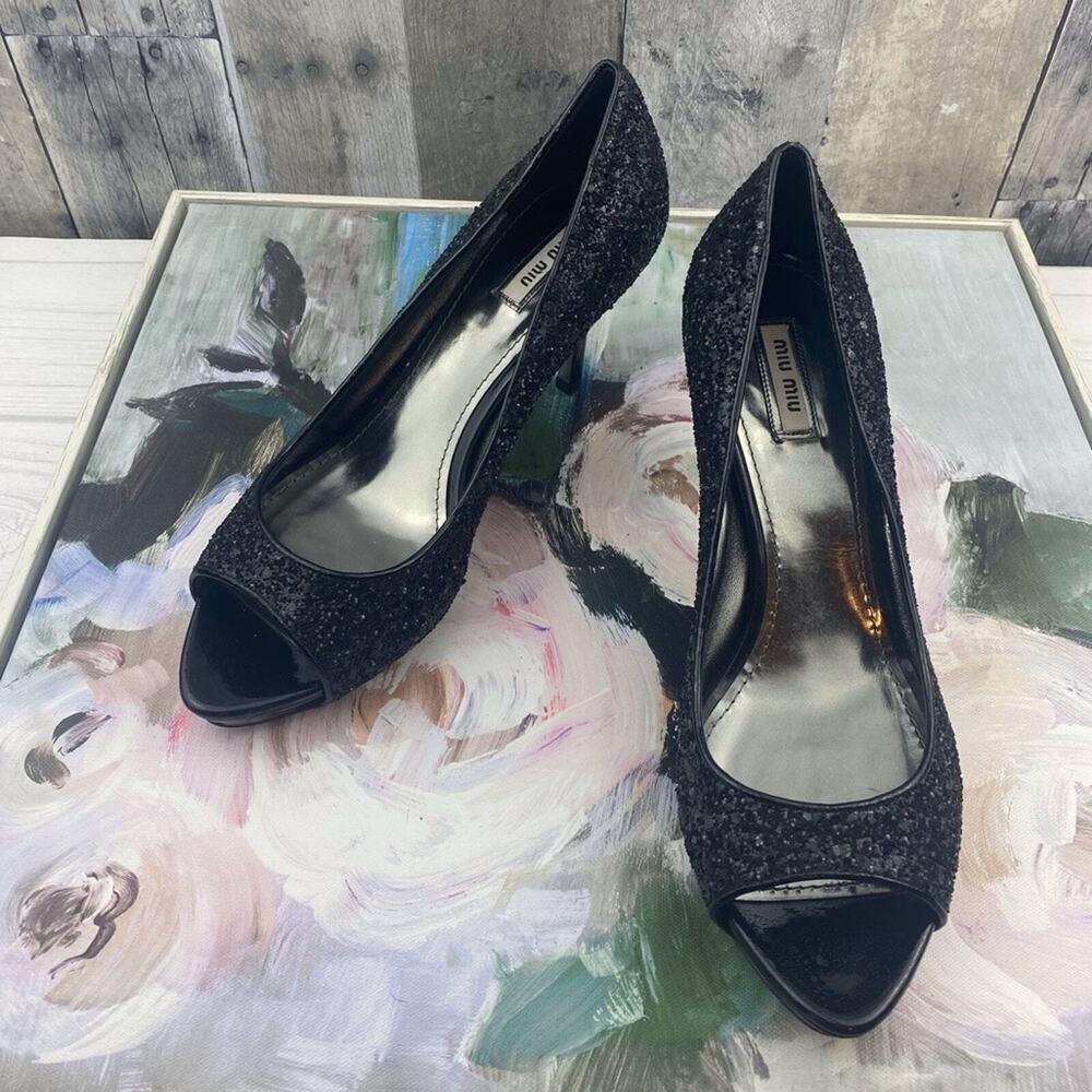 Miu Miu Black Patent Leather Glitter Peep Toe Platform Heels Size 40/9